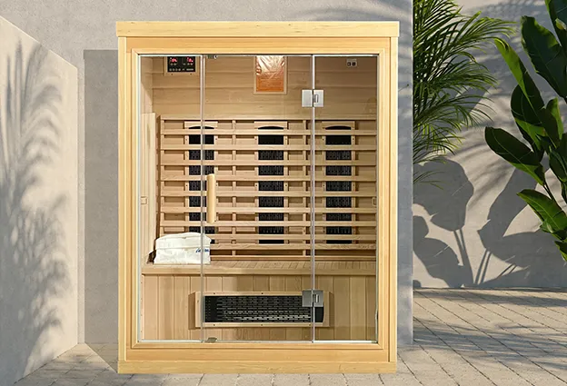 Bliss 3 infrared sauna with glass door and wooden interior